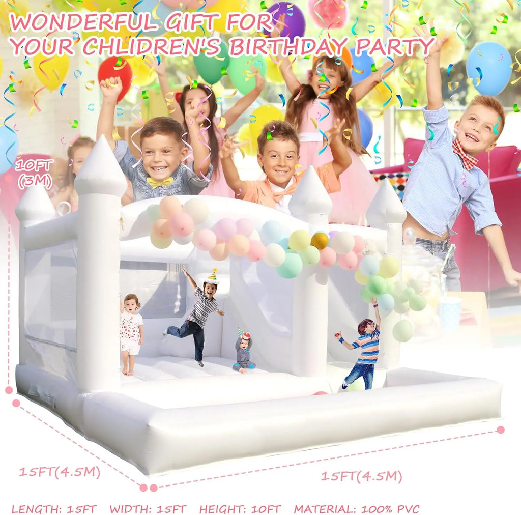 15x15FT 100% PVC White Inflatable Bounce House with Slide, Ball Pit for Kids and Adults Birthday Wedding Party