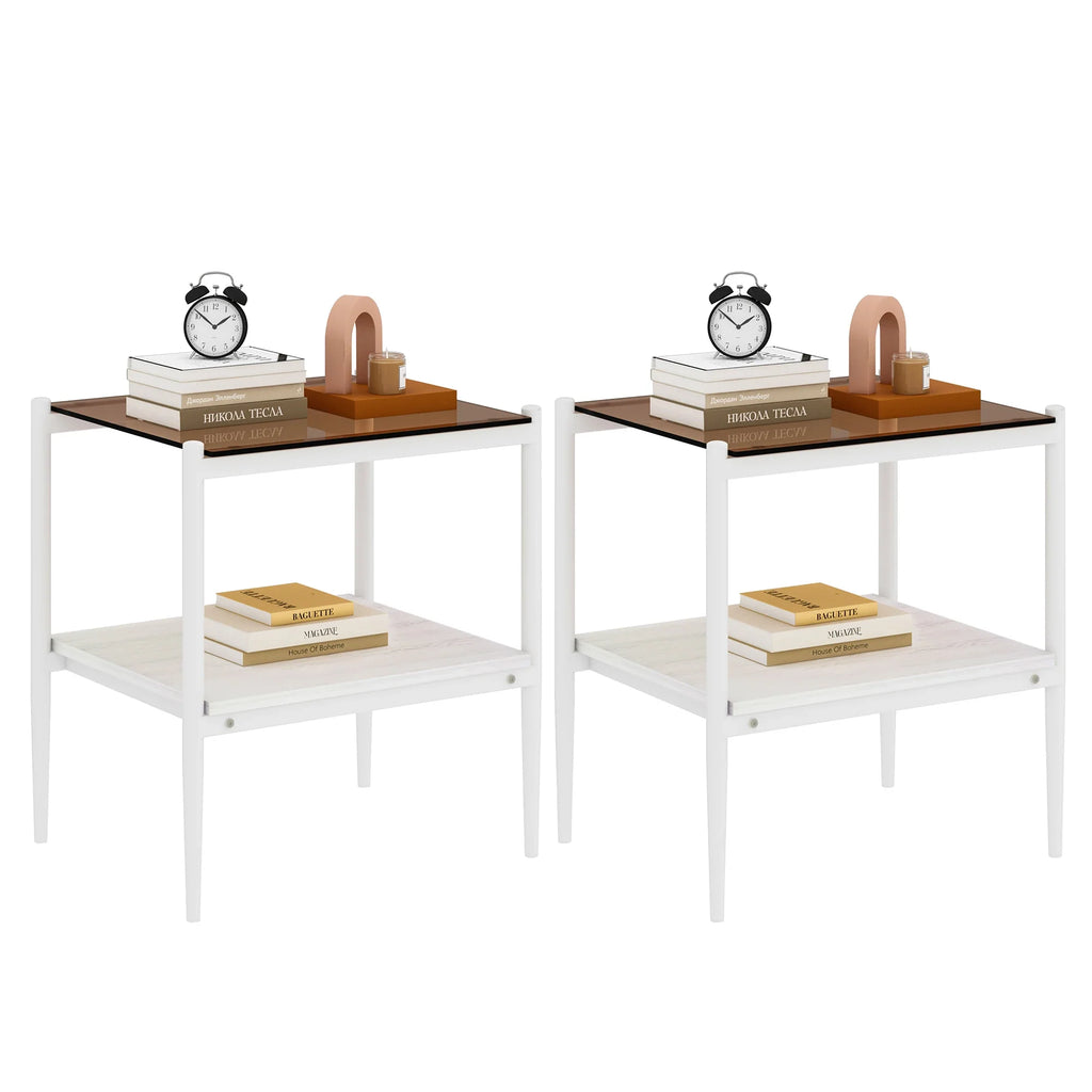 New Two White Side Tables Sets Tempered Glass Tabletop with MDF Layer for Living Room Furniture