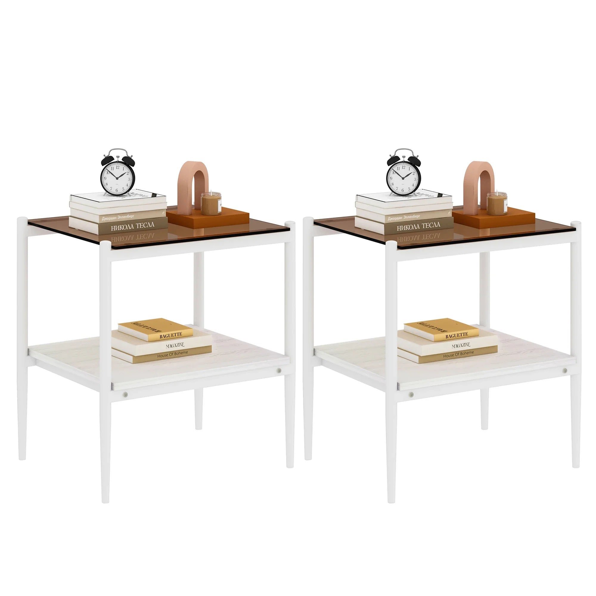 New Two White Side Tables Sets Tempered Glass Tabletop with MDF Layer for Living Room Furniture
