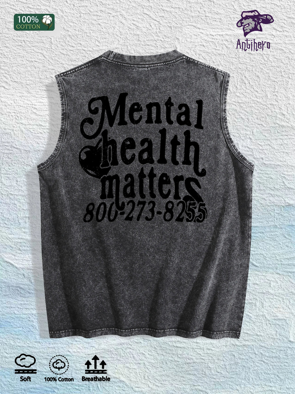 Mental Health Matters Graphic Washed Vest US Warehouse 3 Colors Cotton Tank