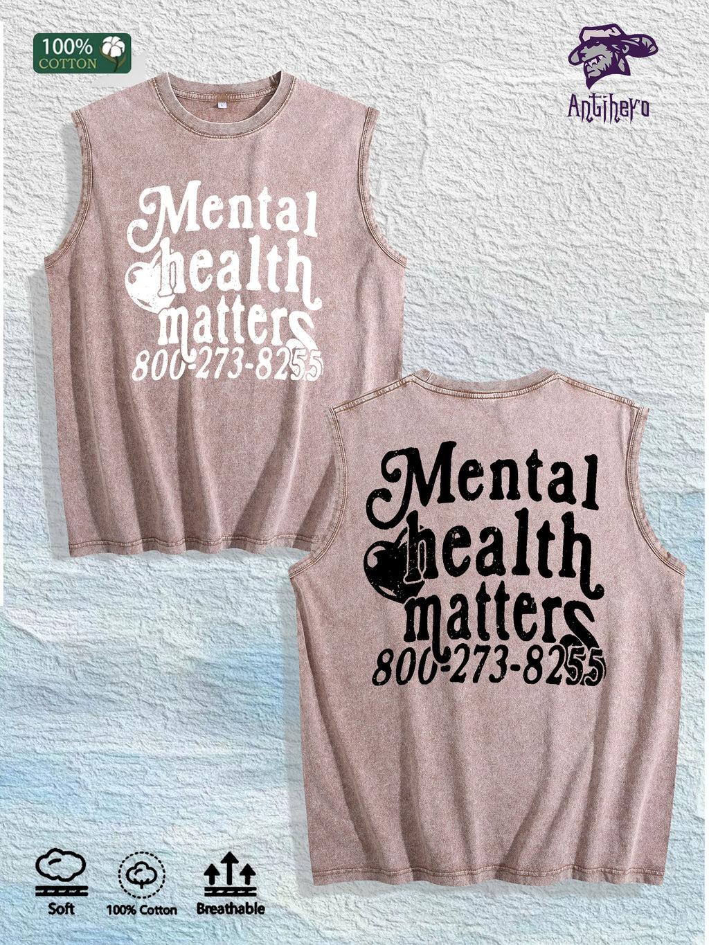 Mental Health Matters Graphic Washed Vest US Warehouse 3 Colors Cotton Tank