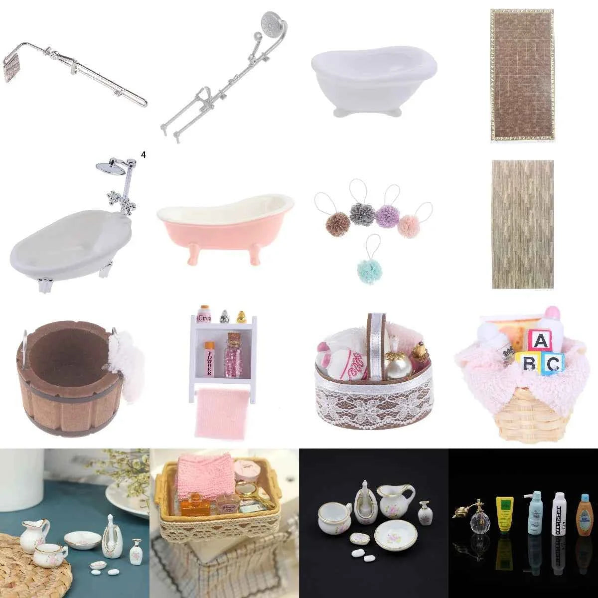Mini Simulation Dollhouse Bathroom Set Towel Rack Bed Shower Faucet Bathtub Doll House Furniture Toys for Baby Accessories