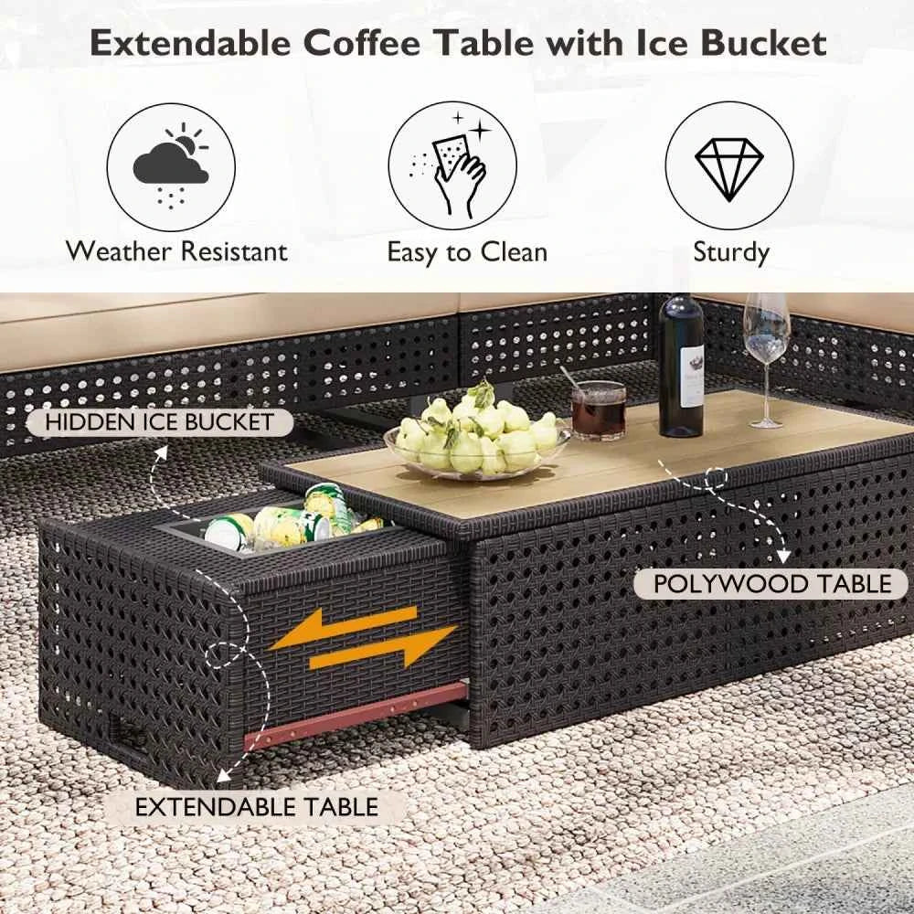 4 Pieces Diamond Weave Patio Sectional Furniture Set With Extendable Coffee Table with Ice Bucket for Backyard in Khaki+Brown