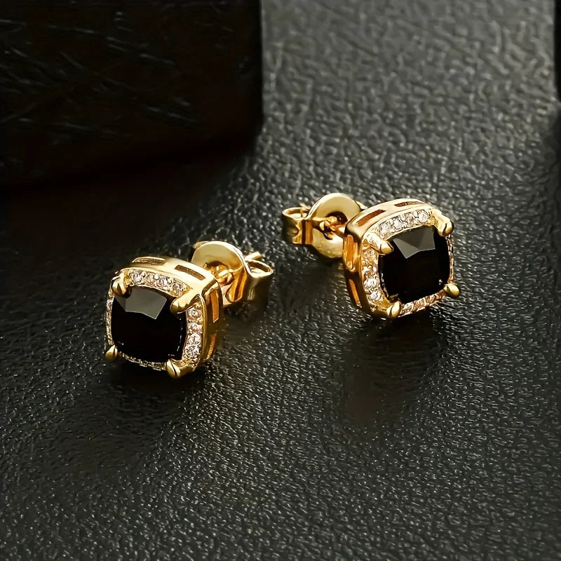 USA Warehouse Square Black Diamond Stud Christmas Gifts Jewelry Men Women 5A Cubic Zirconia 14K Gold Plated Rectangle CZ Earring