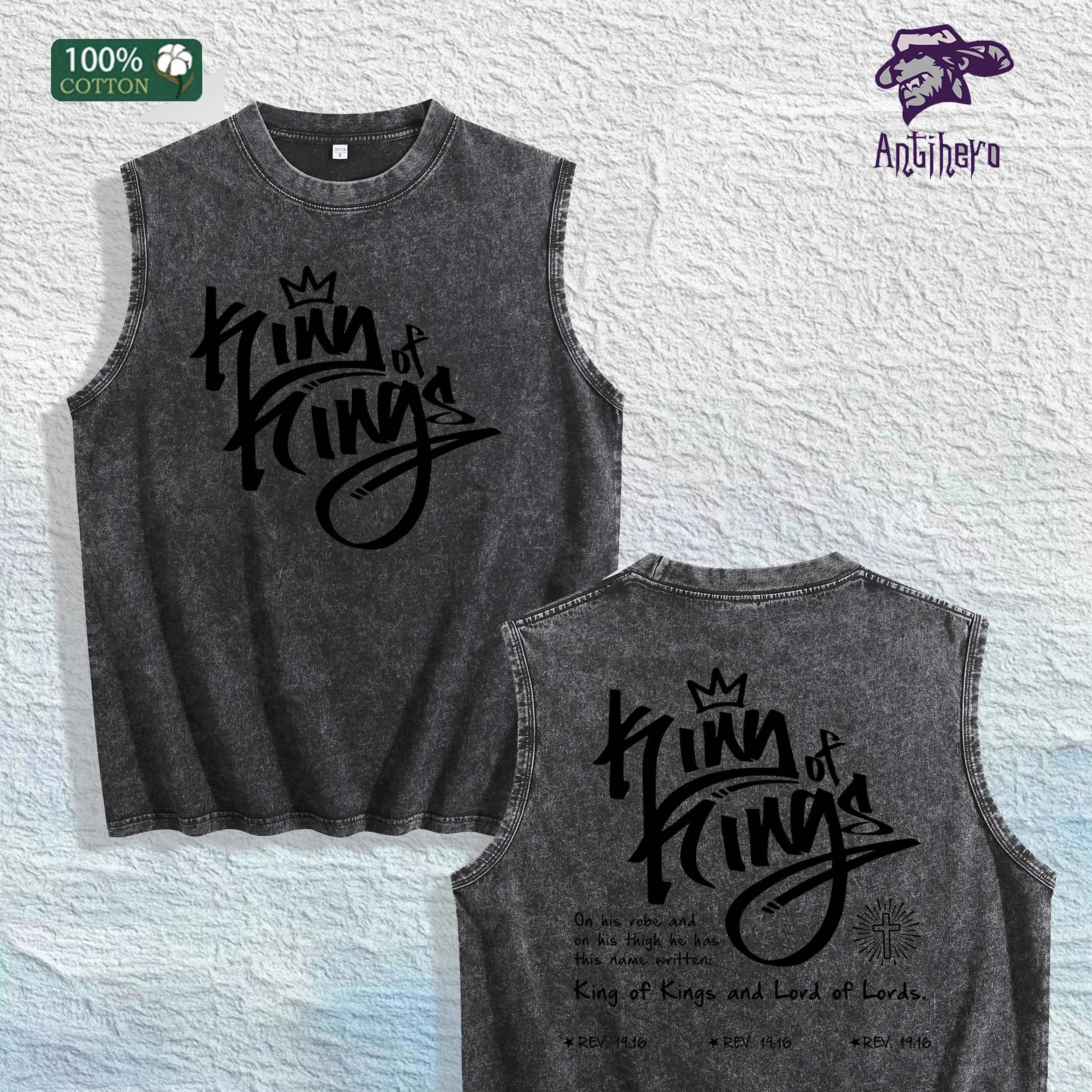 King of Kings Religious Graphic Washed Vest US Warehouse 3 Colors Cotton Tank