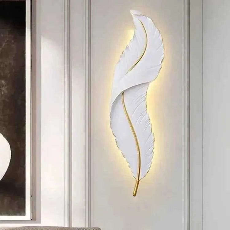 Modern Minimalist LED Luxury Feather Fine Carved Pattern Framed Hanging Channel Decoration Wall Lamps for Bedroom Walls