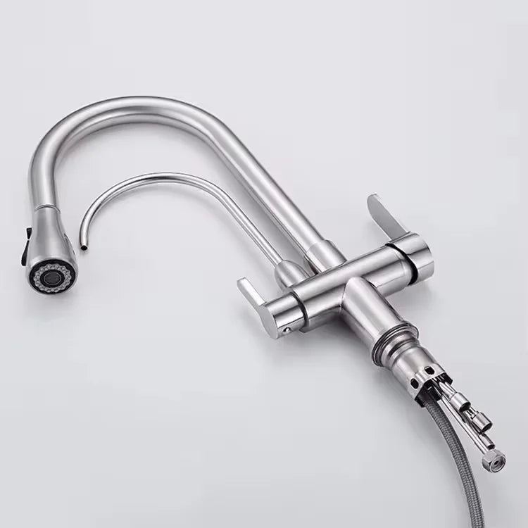 Dual Handle Black Pull-Down Kitchen Faucet with Purification Swivel Spout Single-Hole Tap for Convenient Drinking Water Mixer