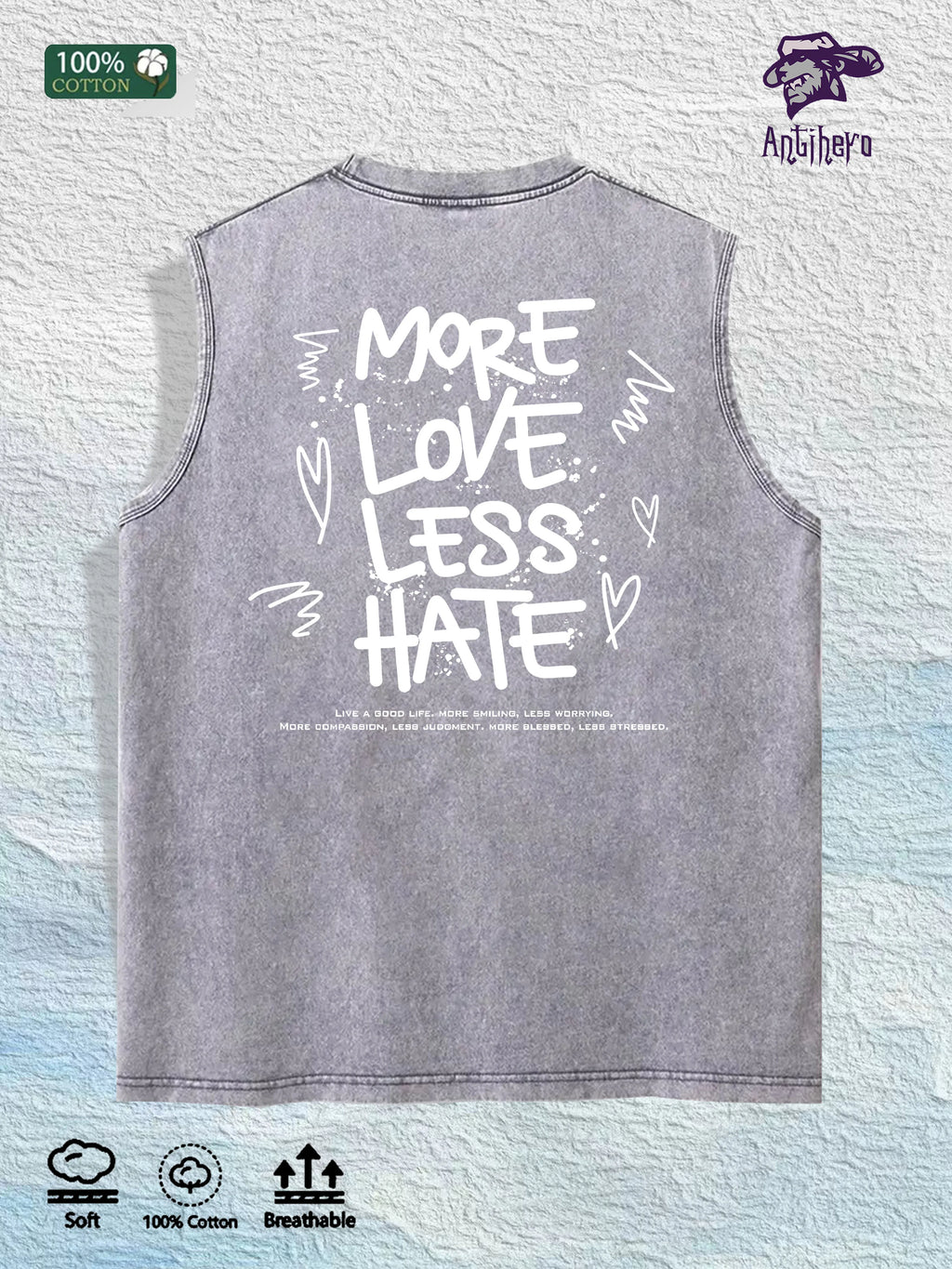 MORE LOVE LESS HATE Graphic Washed Vest US Warehouse 3 Colors Cotton Tank