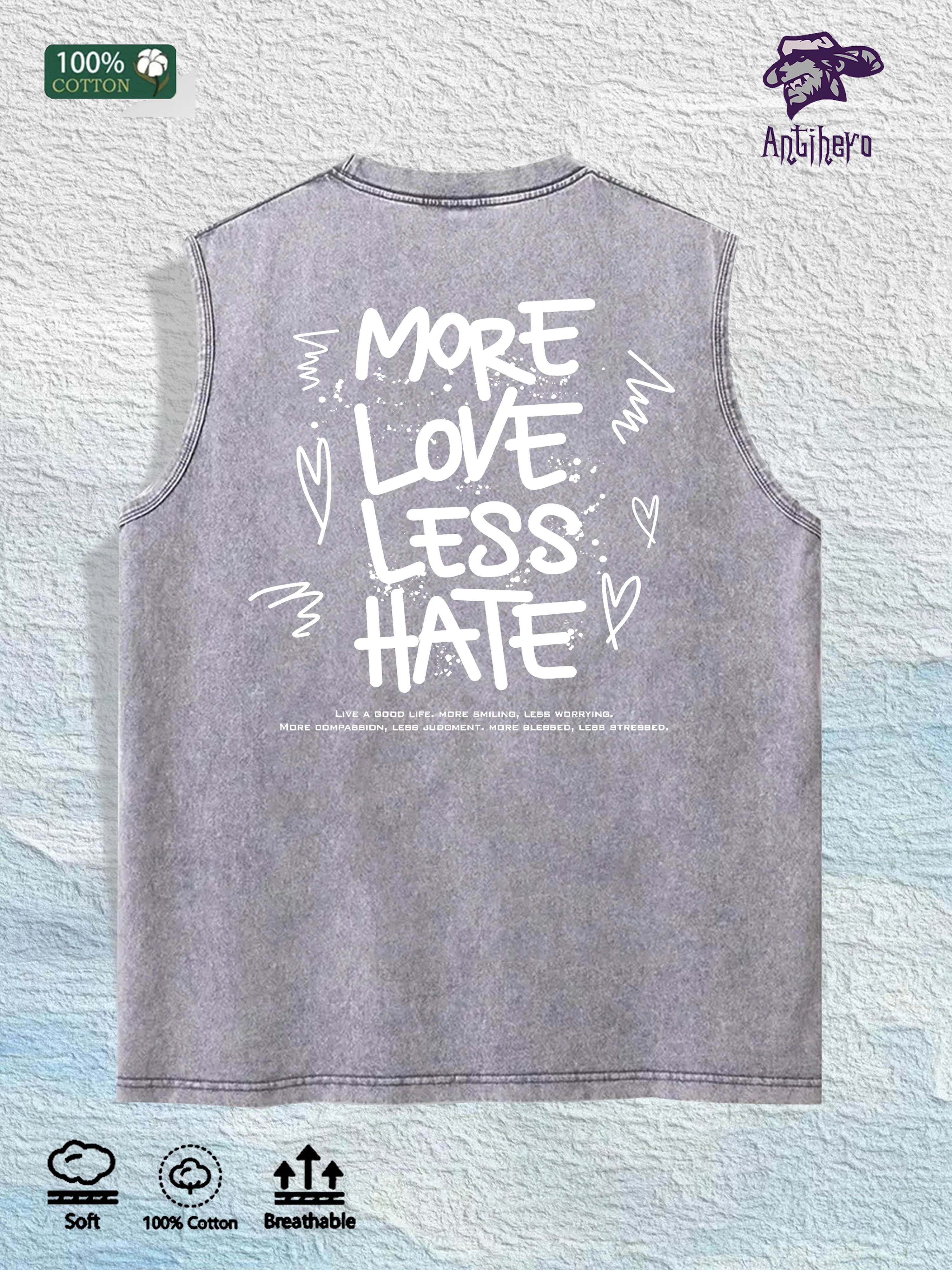 MORE LOVE LESS HATE Graphic Washed Vest US Warehouse 3 Colors Cotton Tank
