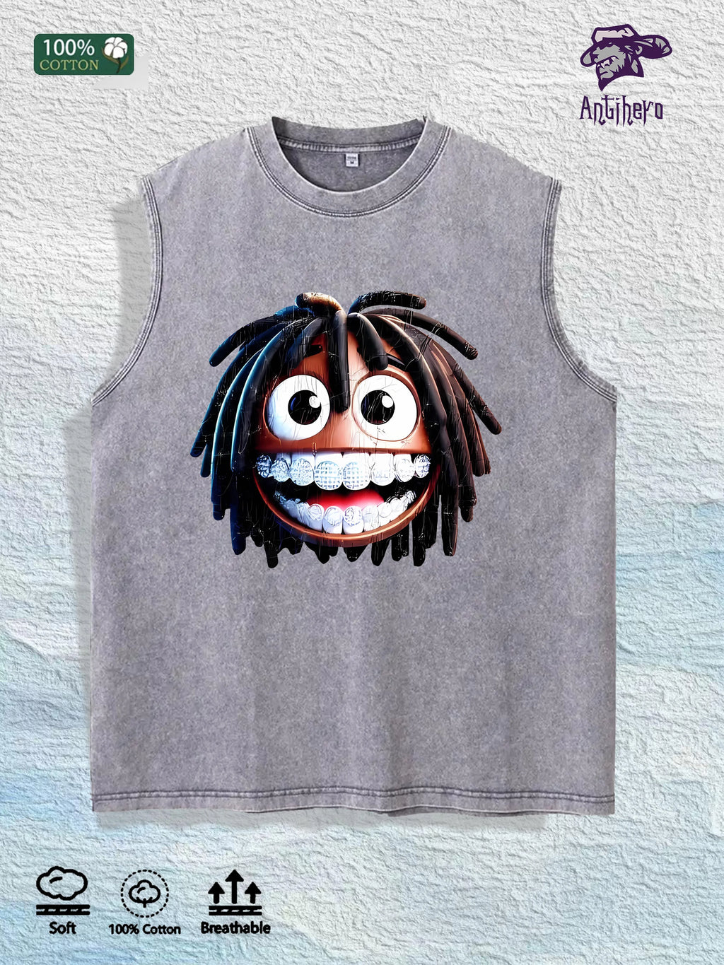 Cartoon Dreadlocks Character Graphic Washed Vest US Warehouse 3 Colors Cotton Tank