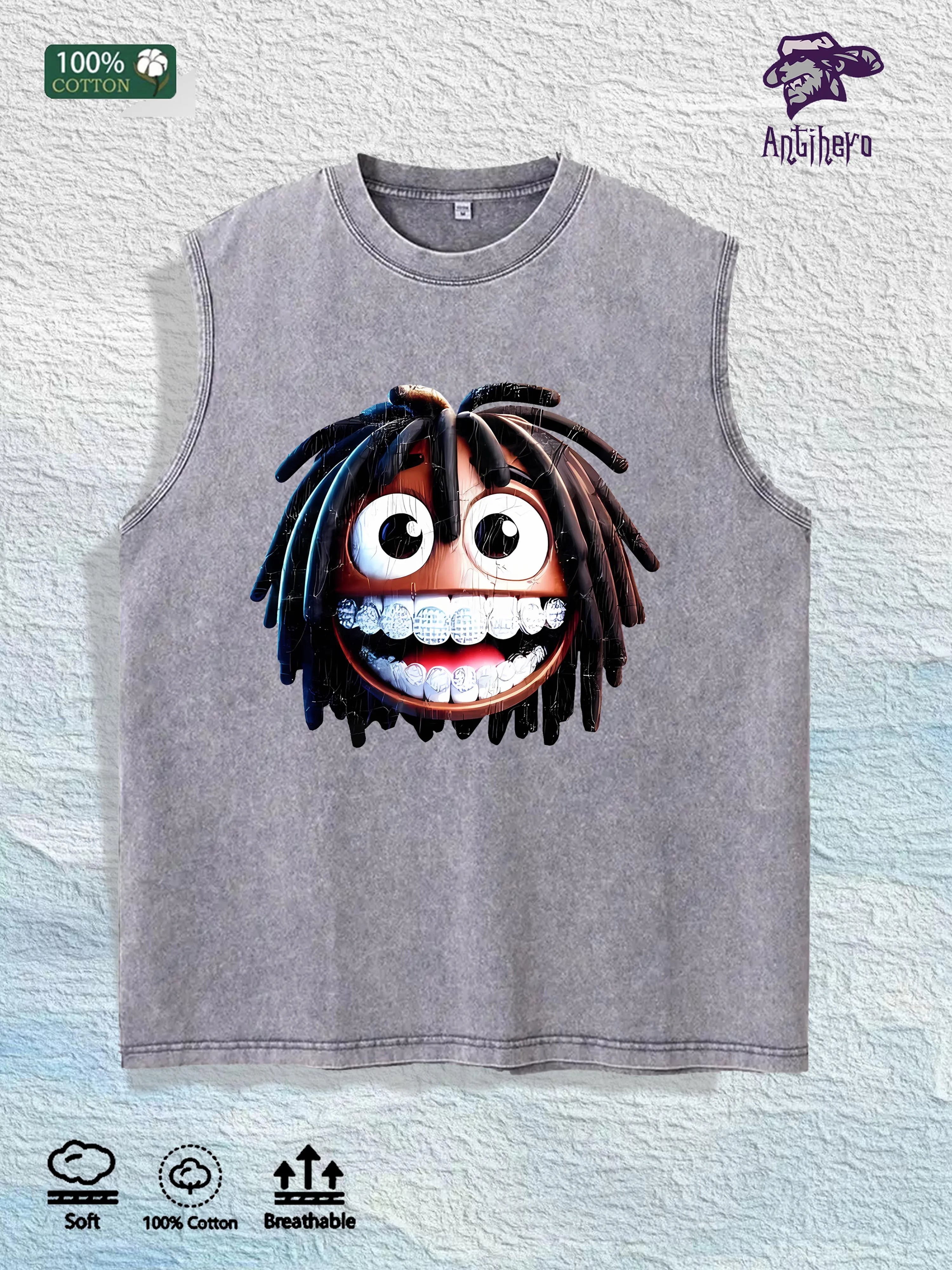 Cartoon Dreadlocks Character Graphic Washed Vest US Warehouse 3 Colors Cotton Tank