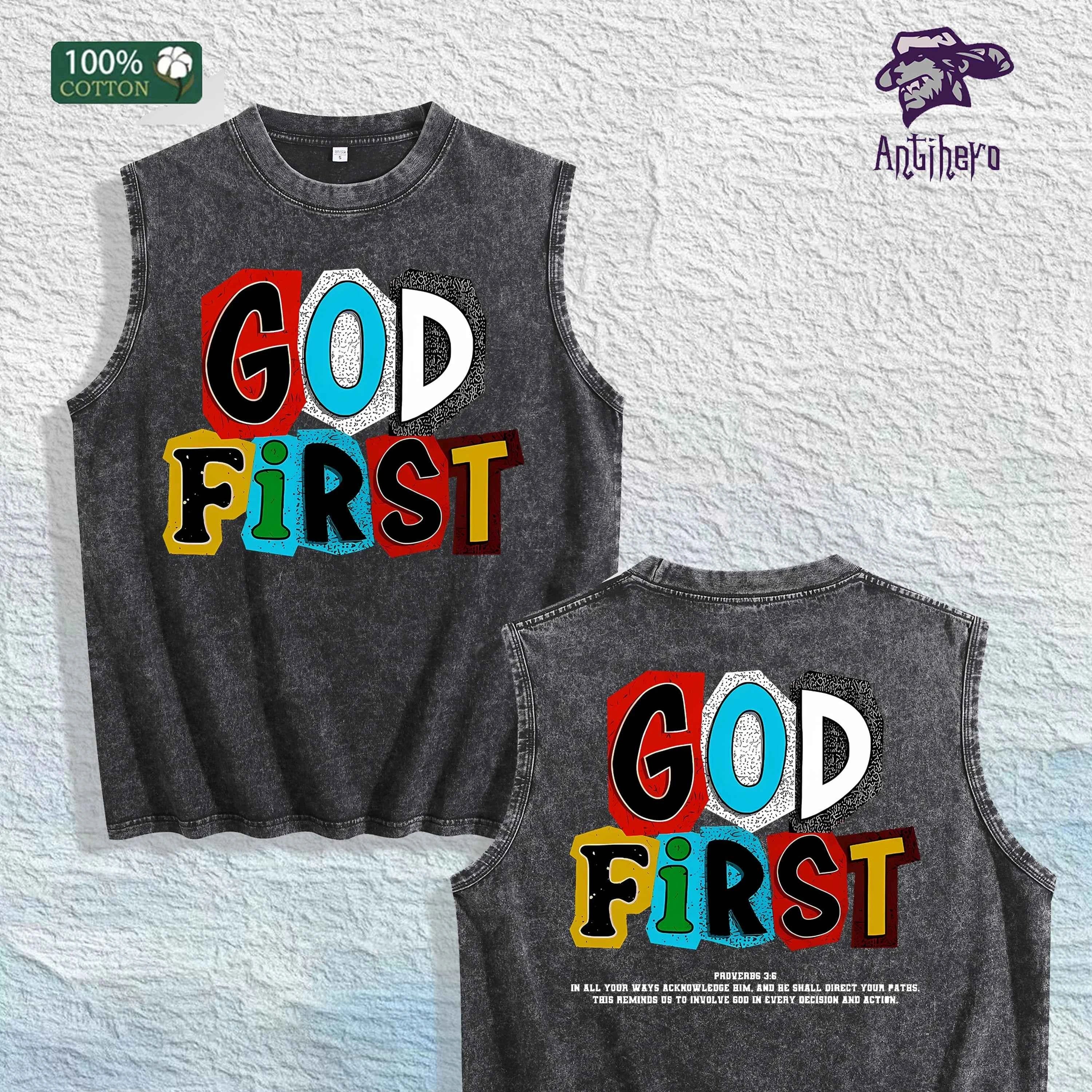GOD FIRST Graphic Washed Vest US Warehouse 3 Colors Cotton Tank