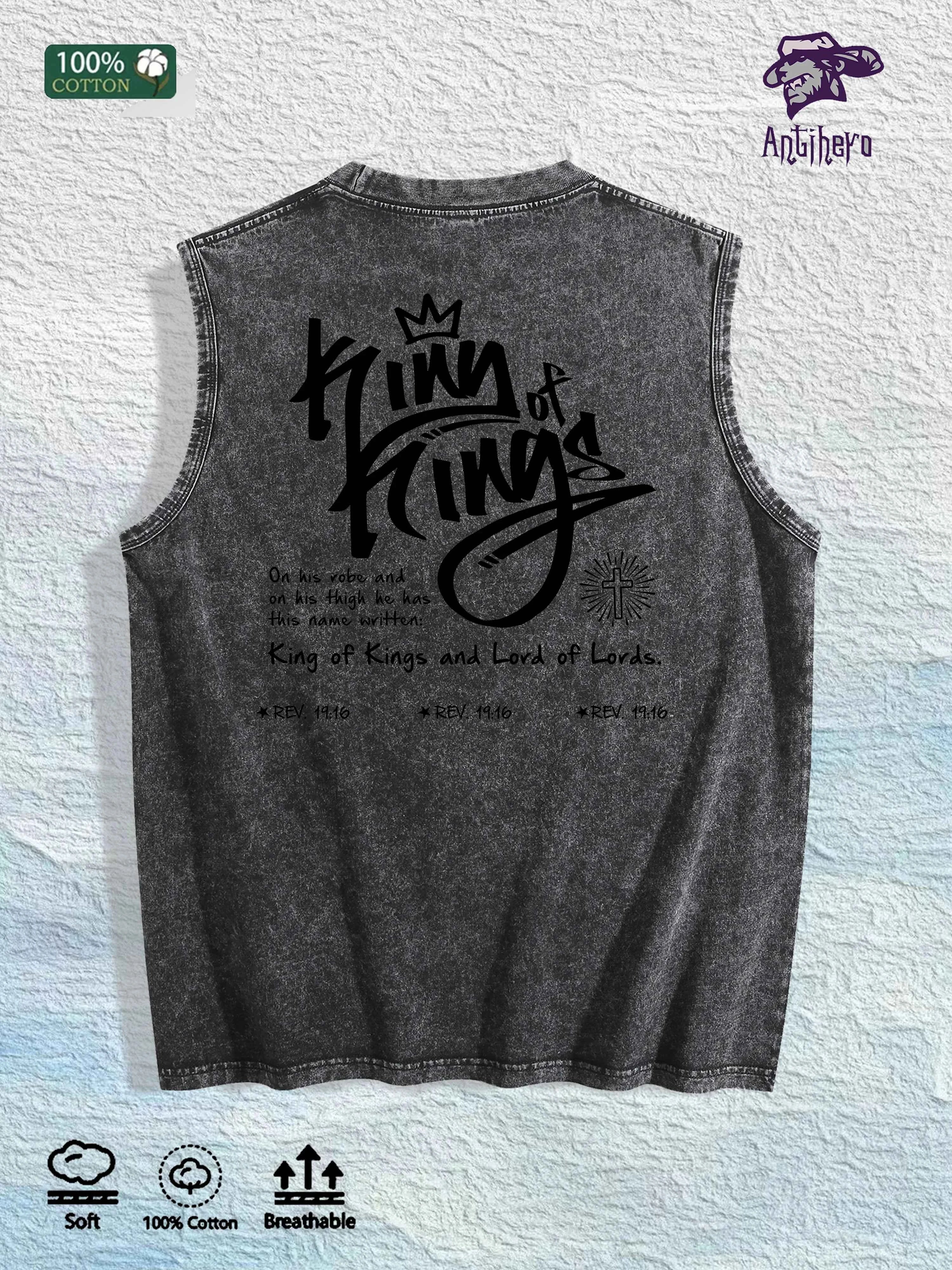 King of Kings Religious Graphic Washed Vest US Warehouse 3 Colors Cotton Tank