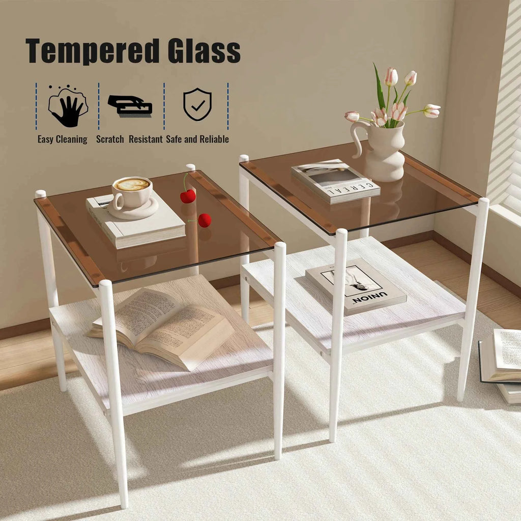 New Two White Side Tables Sets Tempered Glass Tabletop with MDF Layer for Living Room Furniture