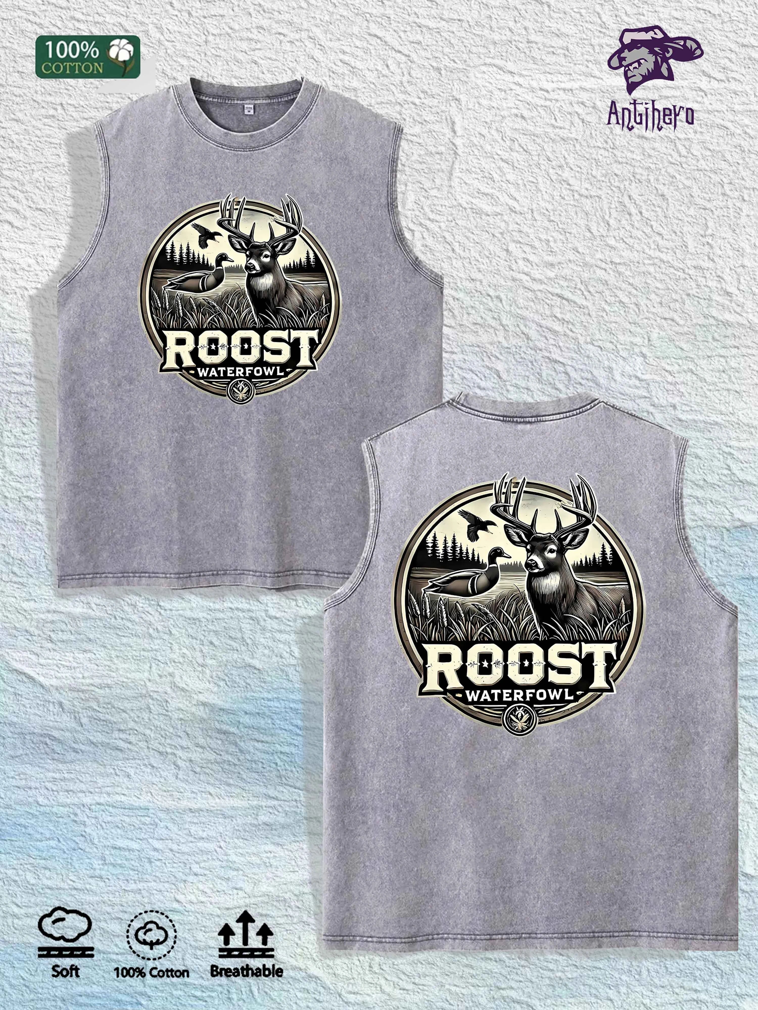 ROOST Waterfowl Deer Graphic Washed Vest US Warehouse 3 Colors Cotton Tank