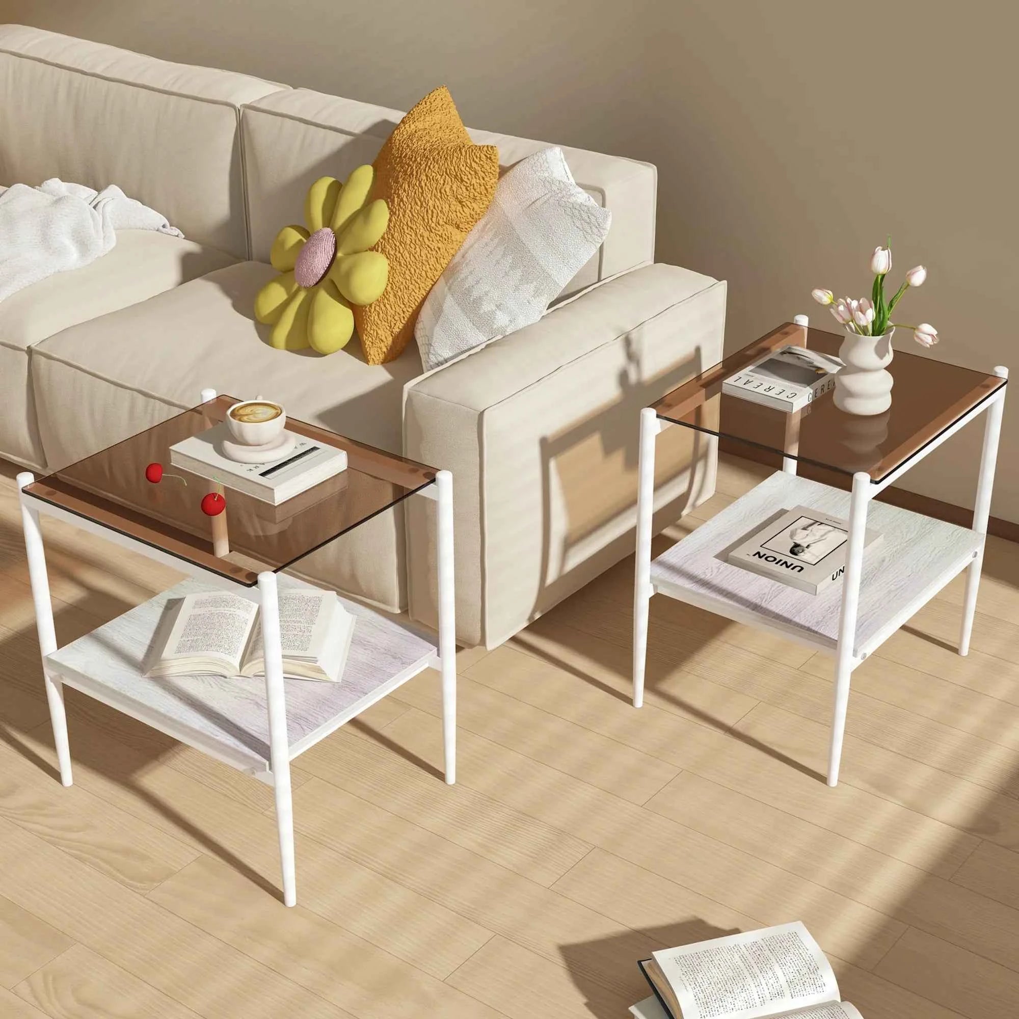 New Two White Side Tables Sets Tempered Glass Tabletop with MDF Layer for Living Room Furniture