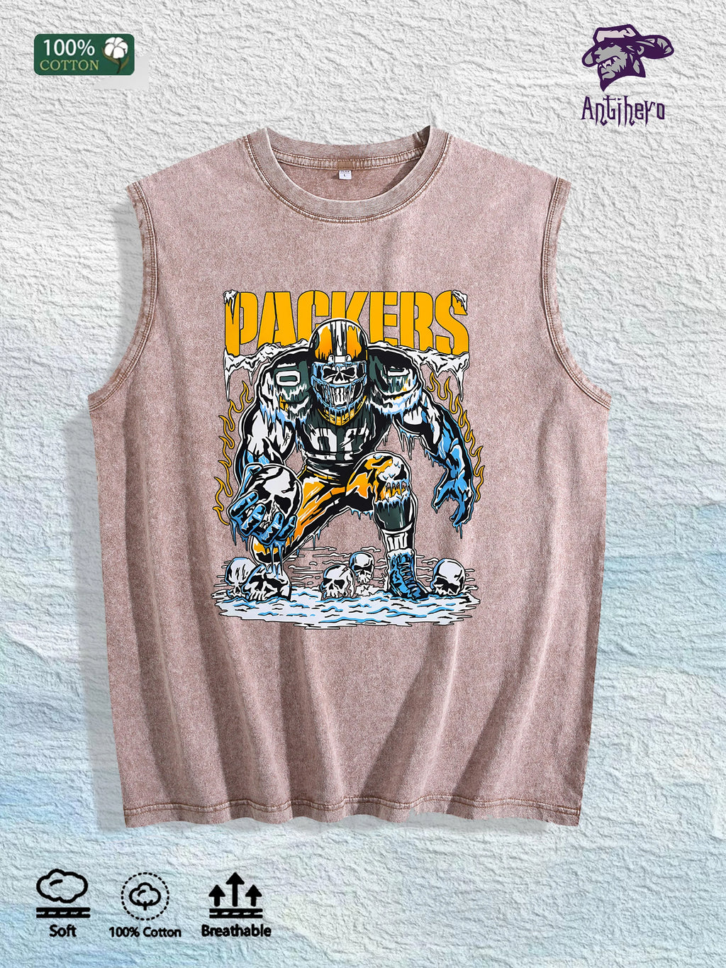 PACKERS Football Graphic Washed Vest US Warehouse 3 Colors Cotton Tank