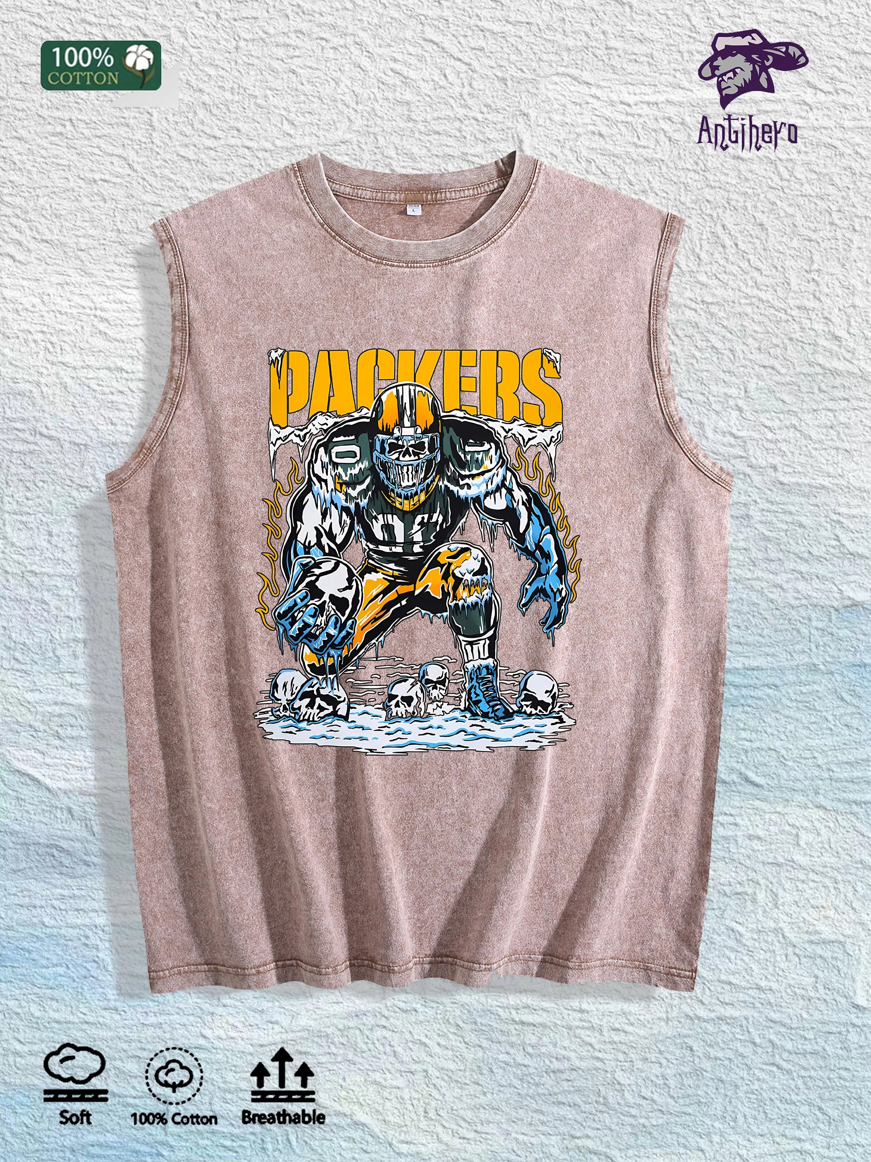 PACKERS Football Graphic Washed Vest US Warehouse 3 Colors Cotton Tank
