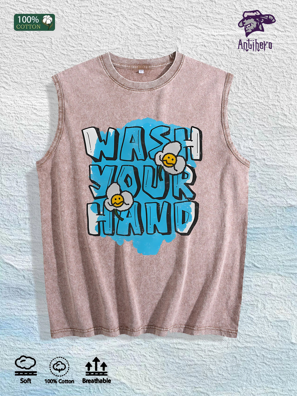 WASH YOUR HAND Graphic Washed Vest US Warehouse 3 Colors Cotton Tank