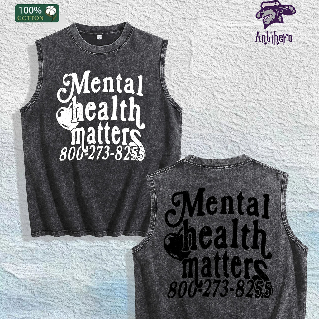 Mental Health Matters Graphic Washed Vest US Warehouse 3 Colors Cotton Tank