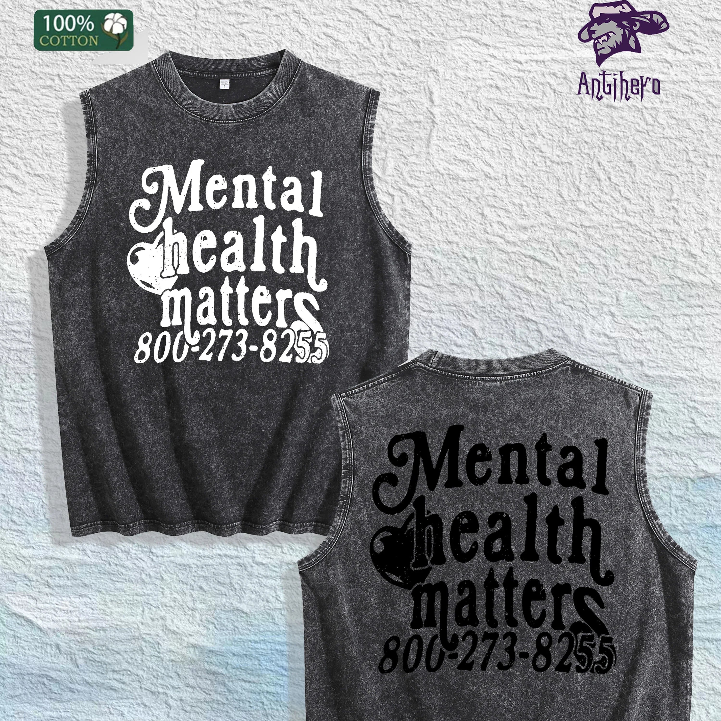 Mental Health Matters Graphic Washed Vest US Warehouse 3 Colors Cotton Tank