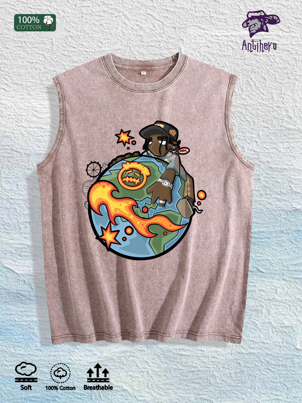 Cartoon Globe & Character Graphic Washed Vest US Warehouse 3 Colors Cotton Tank