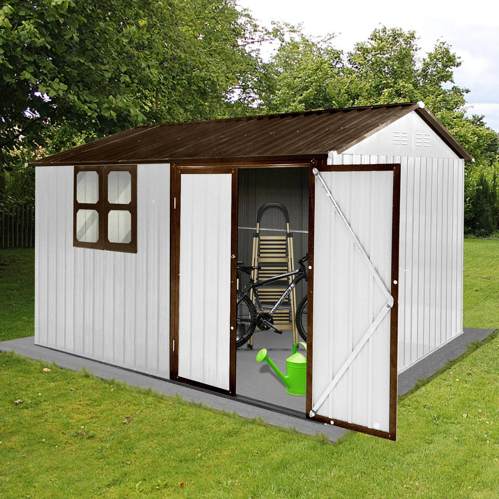 Outdoor Storage Sheds 10X8FT Apex Roof in Brown Roof+White Walls Without Foundation