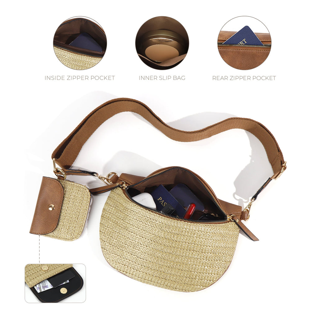 Valentina Mixed Media Straw Sling Crossbody Bag