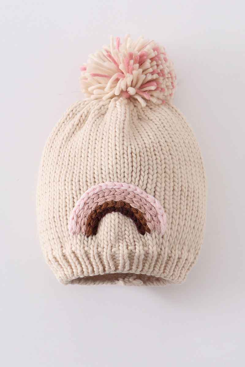 Rainbow hand embroidered pom pom beanie hat