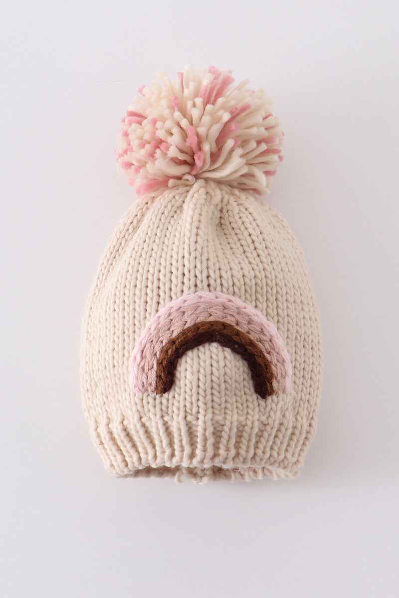 Rainbow hand embroidered pom pom beanie hat