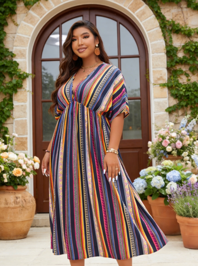 Colorful Stripe Batwing Sleeve Slit Dress