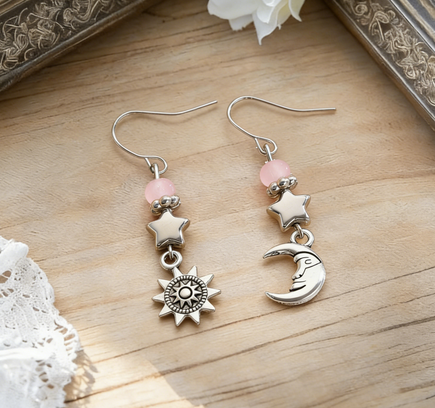 Long Vintage Sun, Moon & Star Drop Earrings