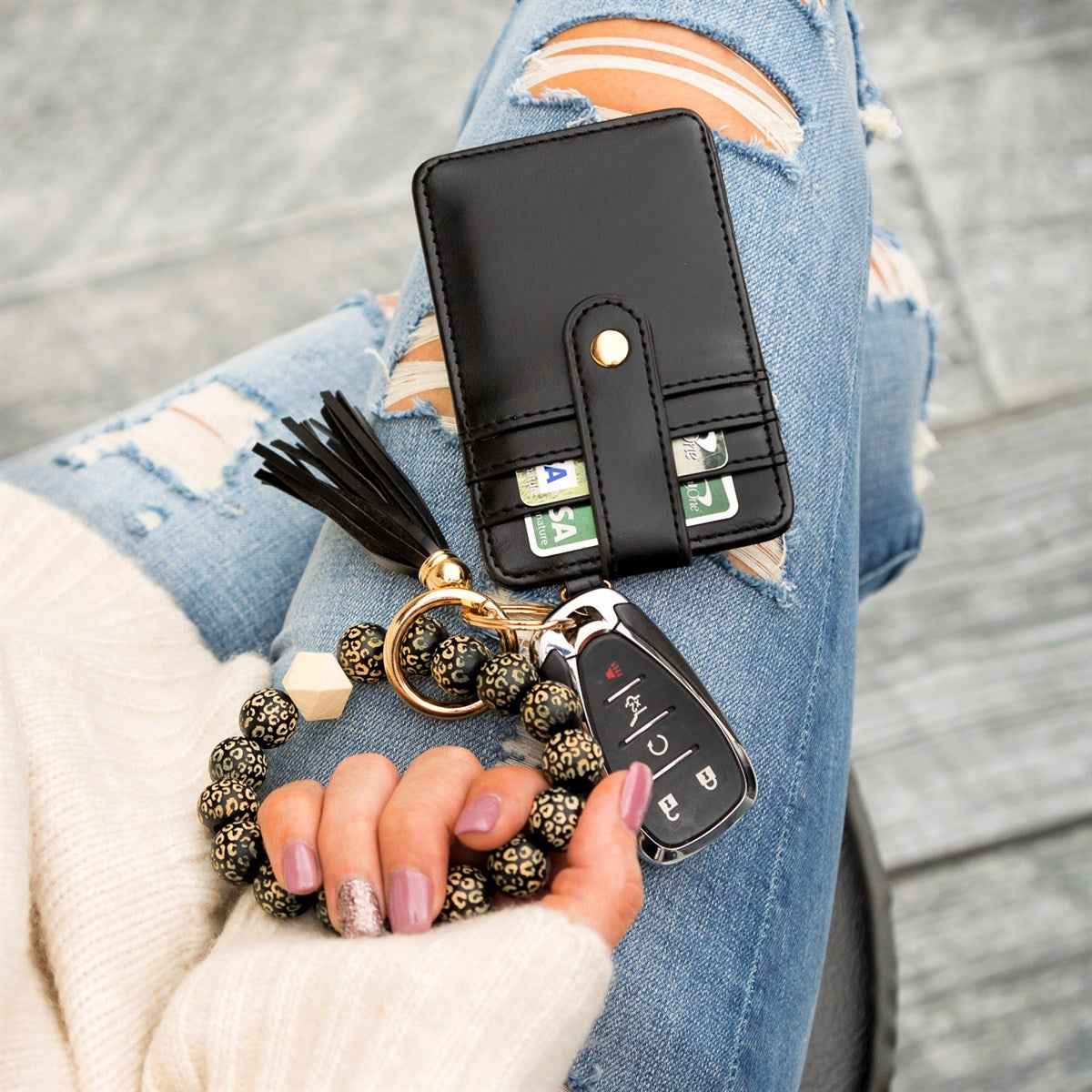 Leopard Beaded Key Ring Wallet Bracelet