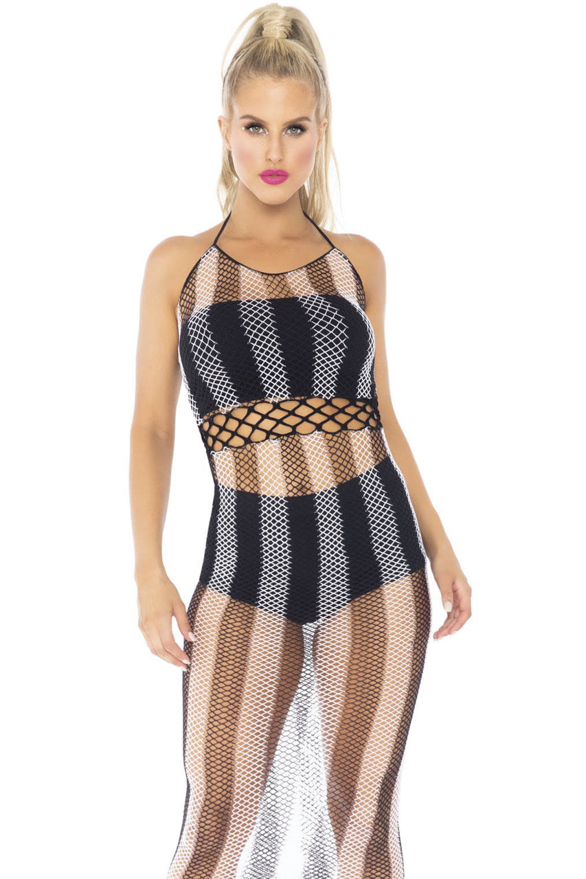 Striped Fishnet Halter Dress