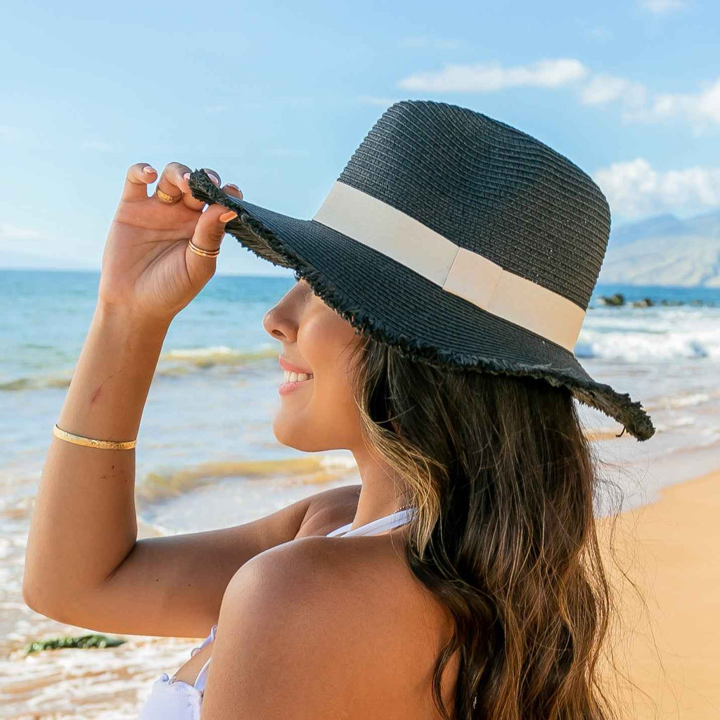 Fray Edge Ribbon Accent Panama Hat