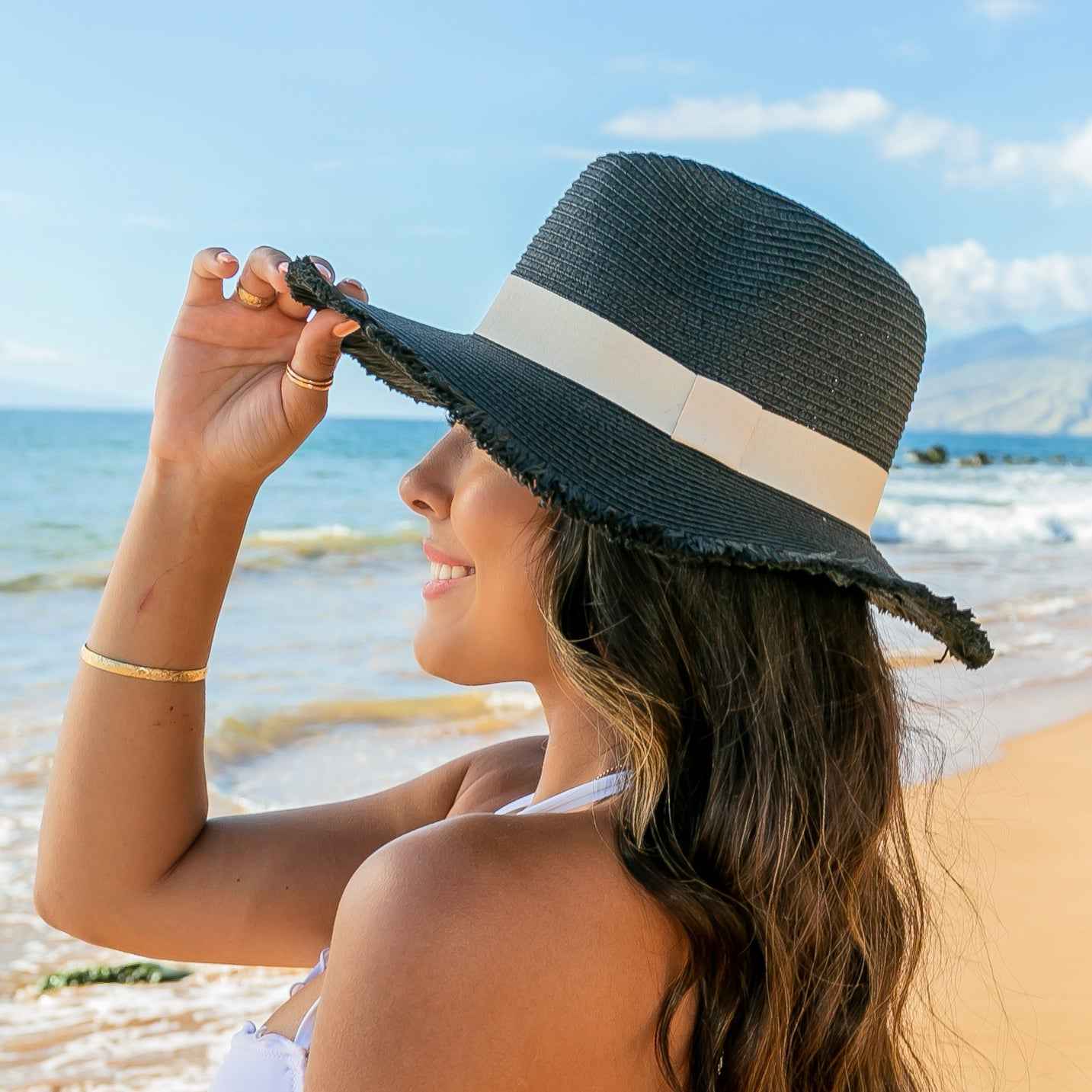Fray Edge Ribbon Accent Panama Hat