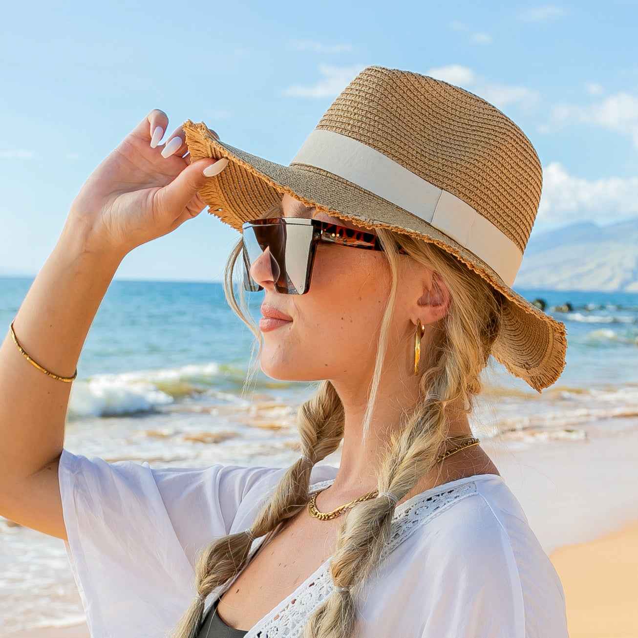 Fray Edge Ribbon Accent Panama Hat