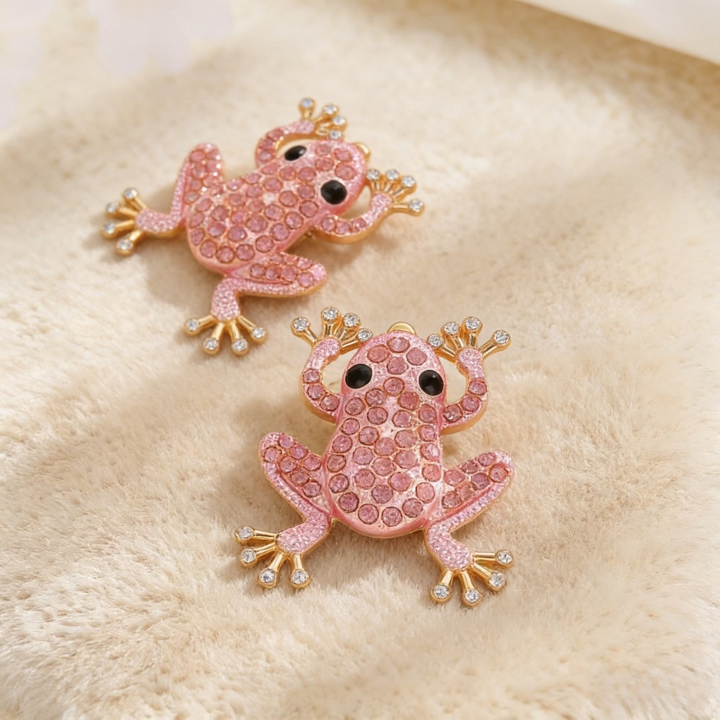 Trendy Frog Animal Earrings with Crystal & Pearl Accents