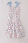 Blue floral bow print smocked mom dress