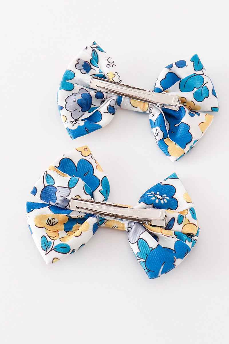 Blue floral print piggie hair bow