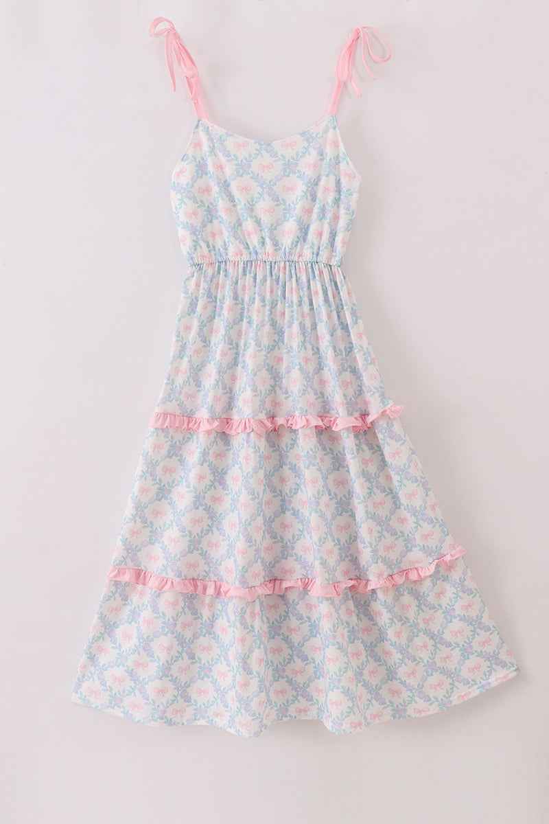 Pink bow print  ruffle mom dress