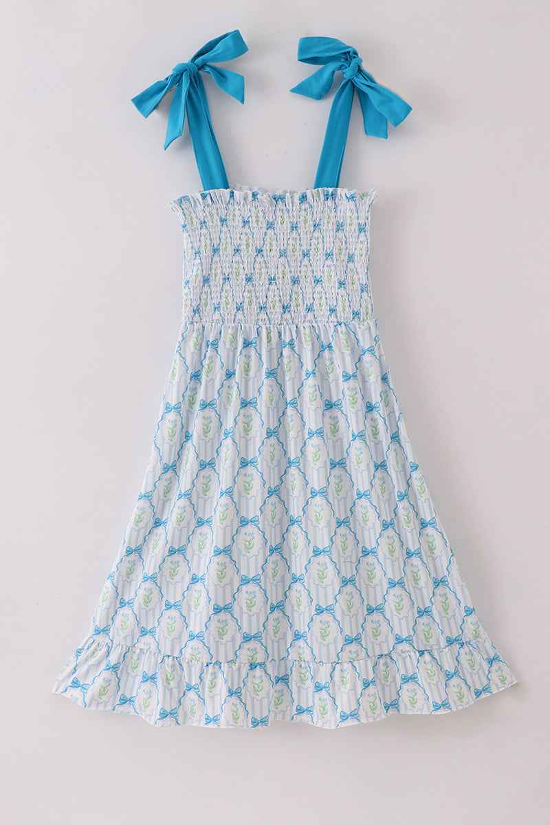 Blue floral bow tie strap mom dress