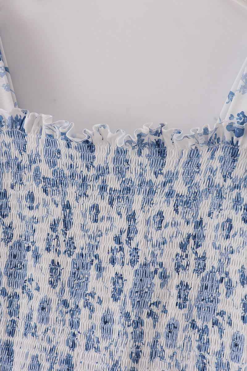Blue smocked floral print mom dress