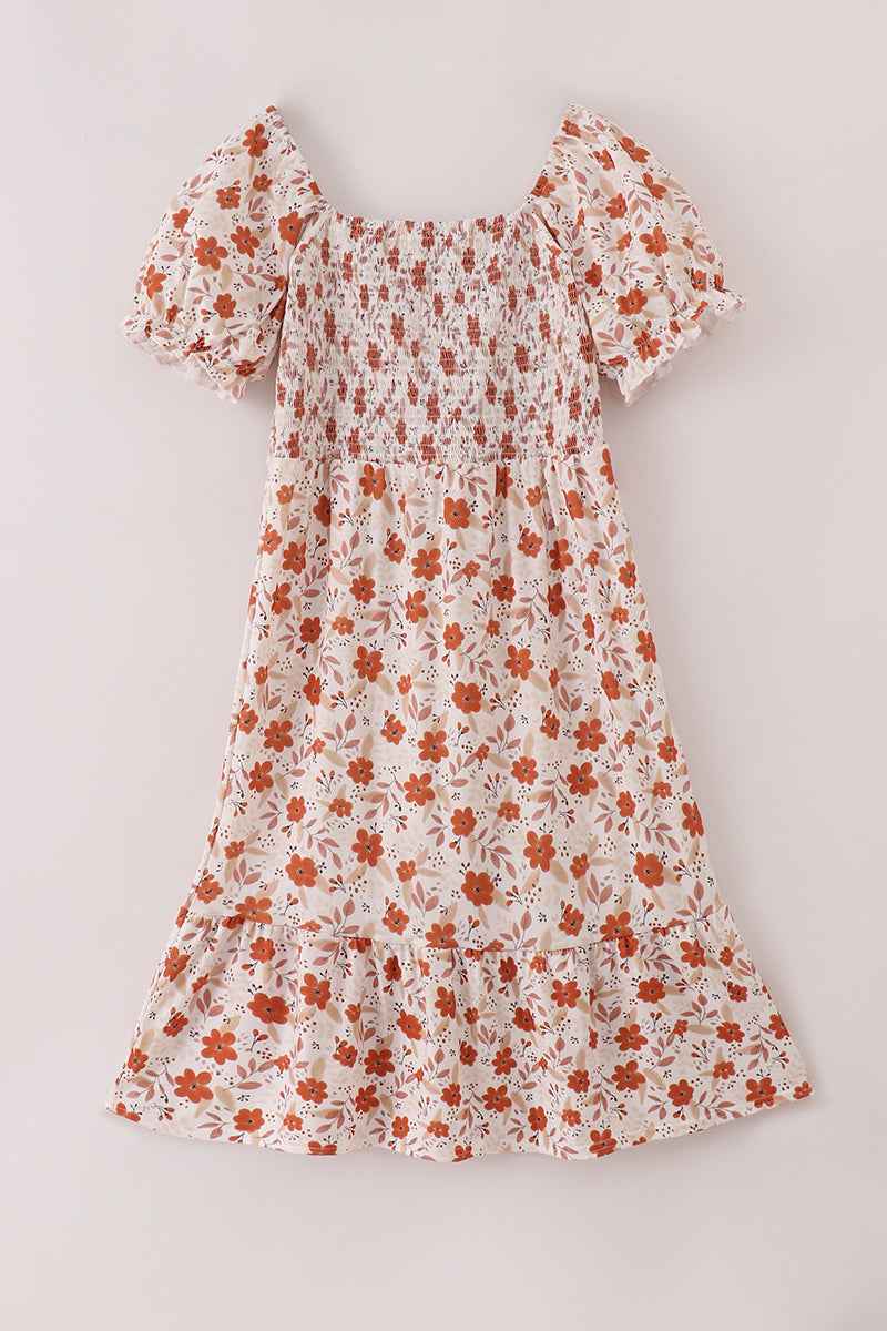 Fall floral print smocked mom dress
