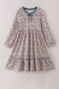 Blue floral print ruffle mom dress