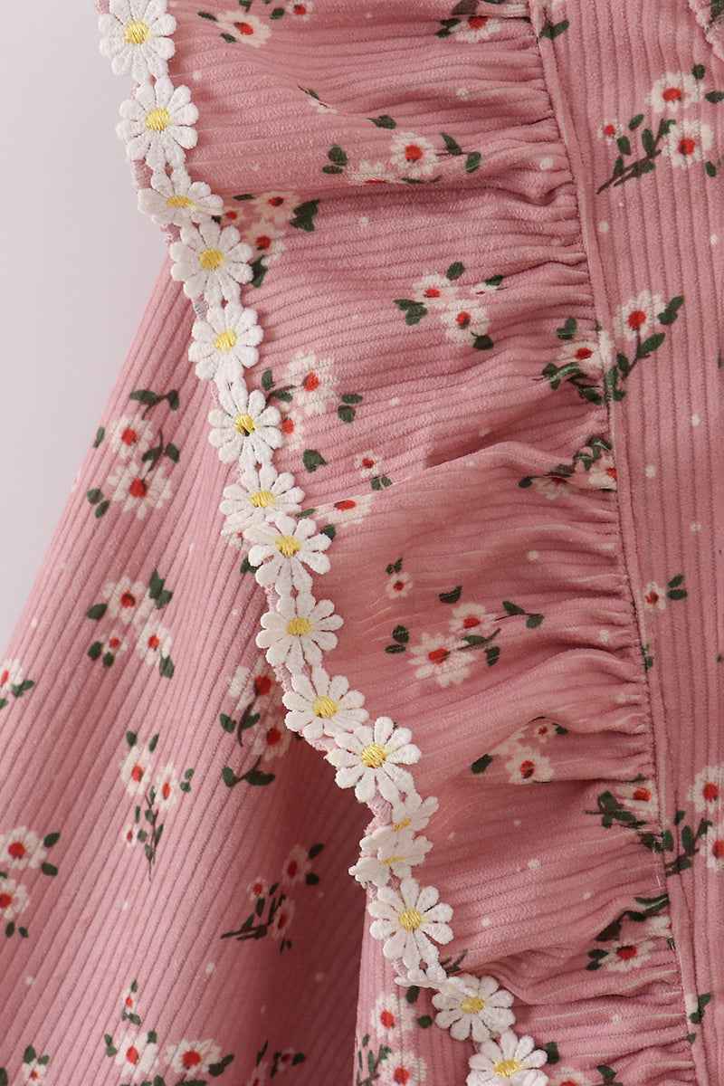 Floral corduroy lace ruffle mom dress