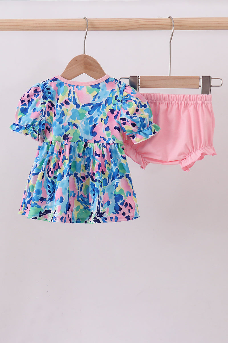 Pink character smocked ruffle bloomer set