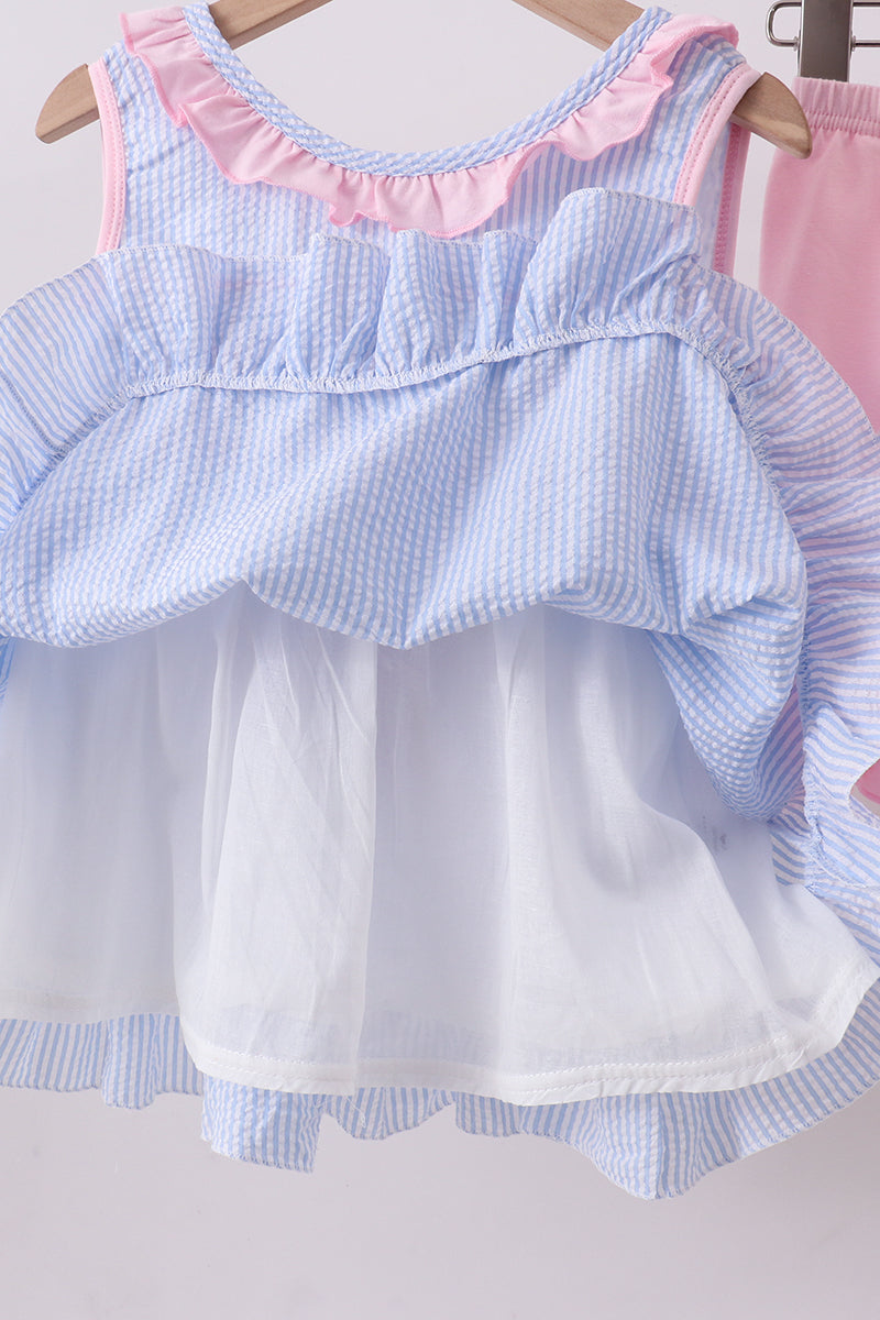 Blue Crab Embroidered Seersucker Ruffle Shorts Set