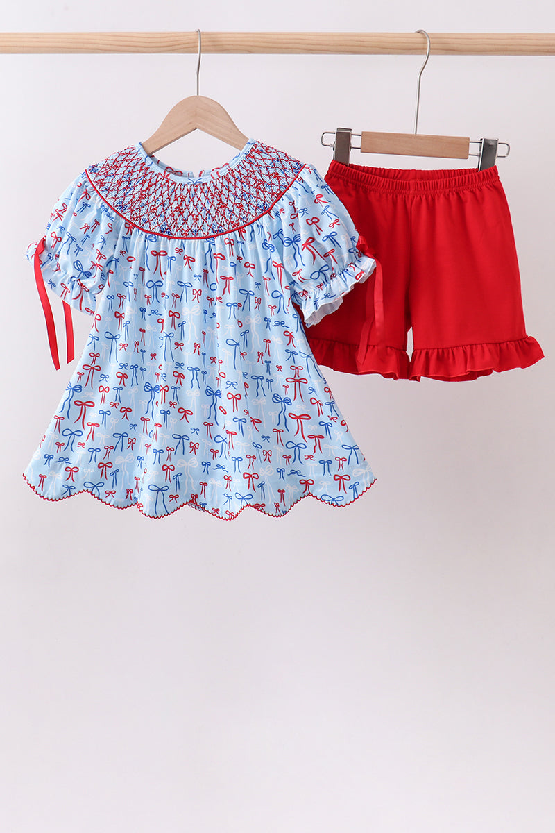 Blue bow smocked ruffle shorts set
