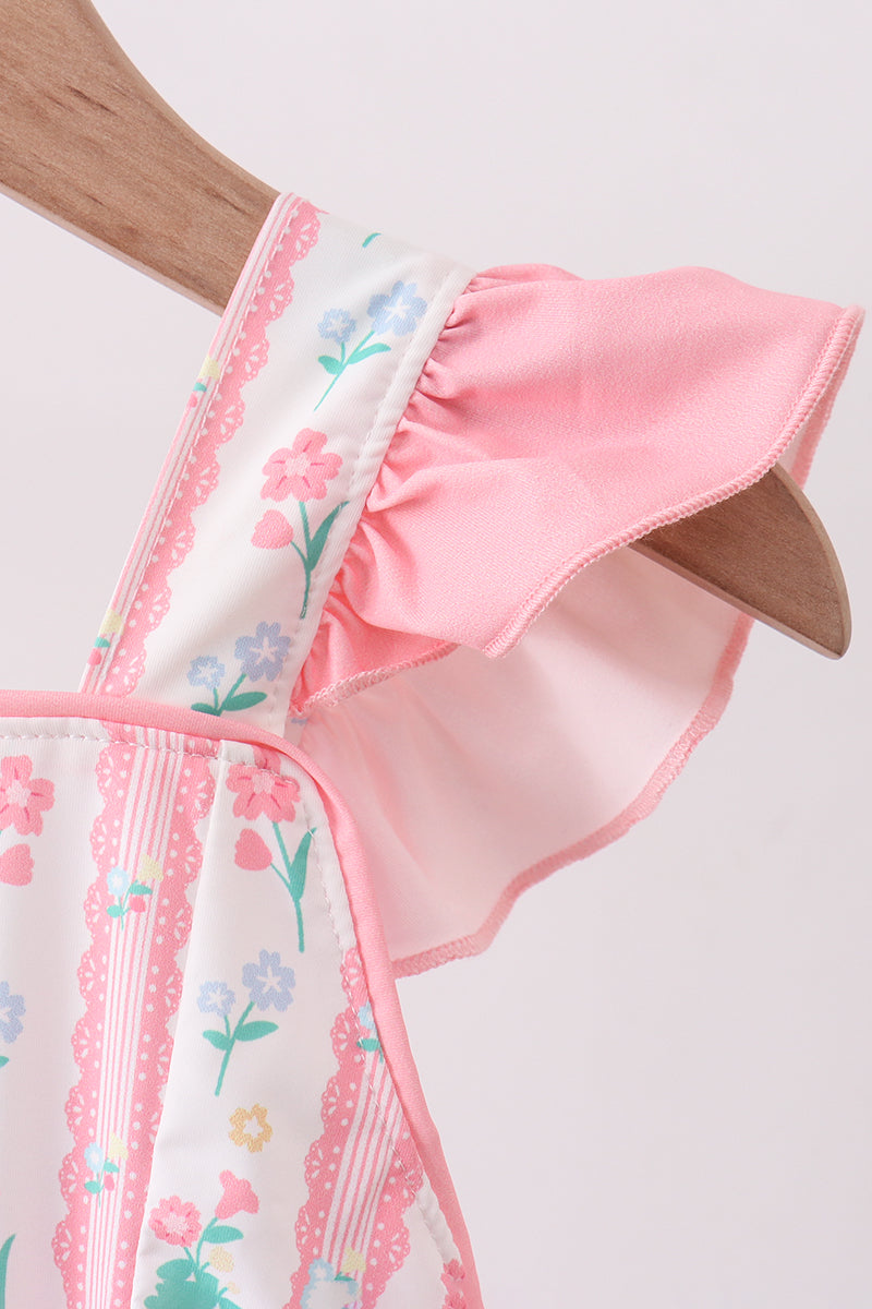Blush floral print ruffle bow swimsuit
